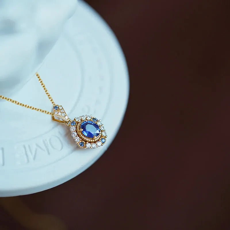 Yellow gold tone royal necklace with mixed gem pendant on box chain, adjustable 21-50cm