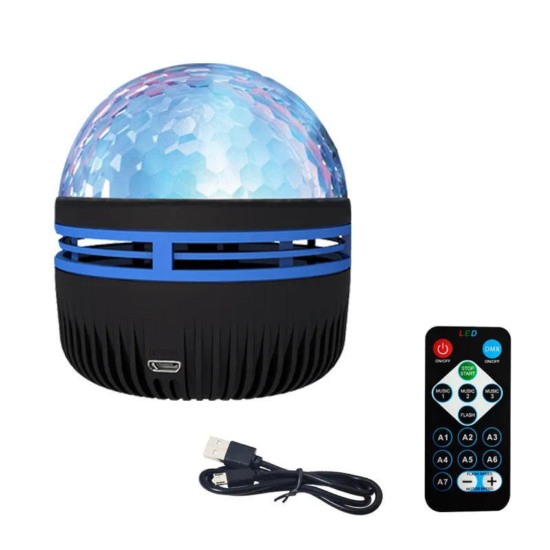 LED galaxy projector night light with rotating colourful stars, showing USB cable and removable acrylic shade.