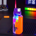 Orange, purple and green colourful plastic windproof lighter on a white background.