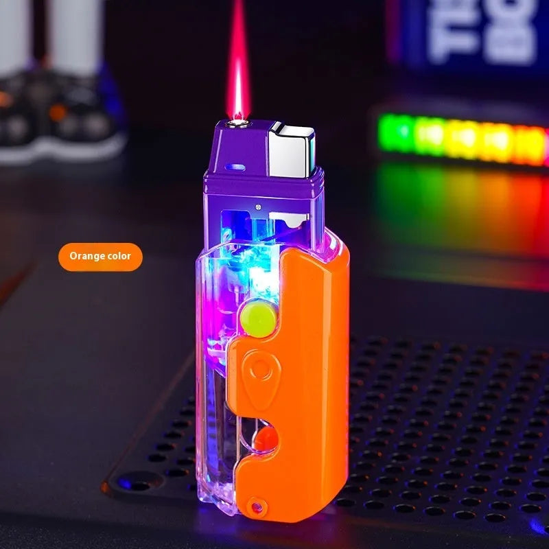 Orange, purple and green colourful plastic windproof lighter on a white background.