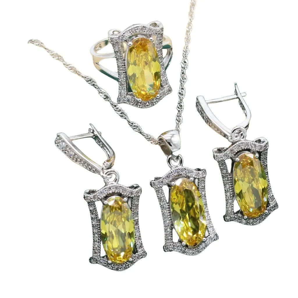 Anti-allergy zircon jewellery set with snake bone chain necklace, earrings, ring and bracelet in yellow or olive colours