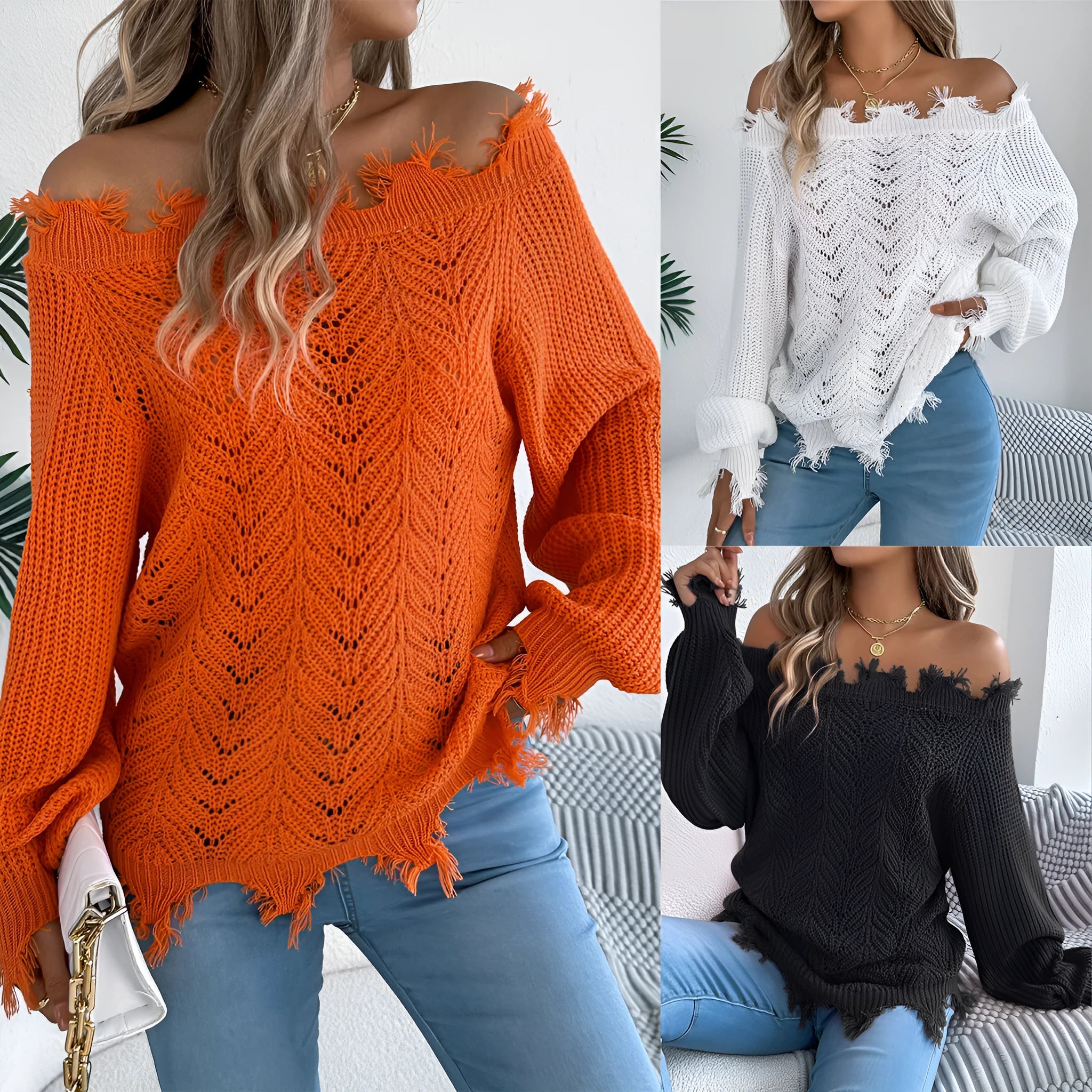 White hollow-out off-the-shoulder pullover sweater with long sleeves on model