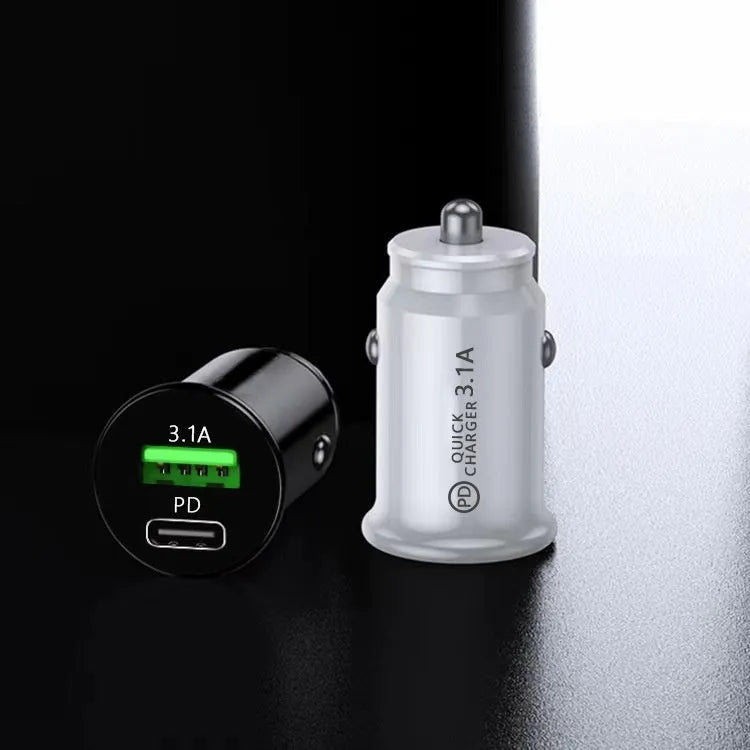 Dual-port car charger converter in black or white bare metal for vehicle charging