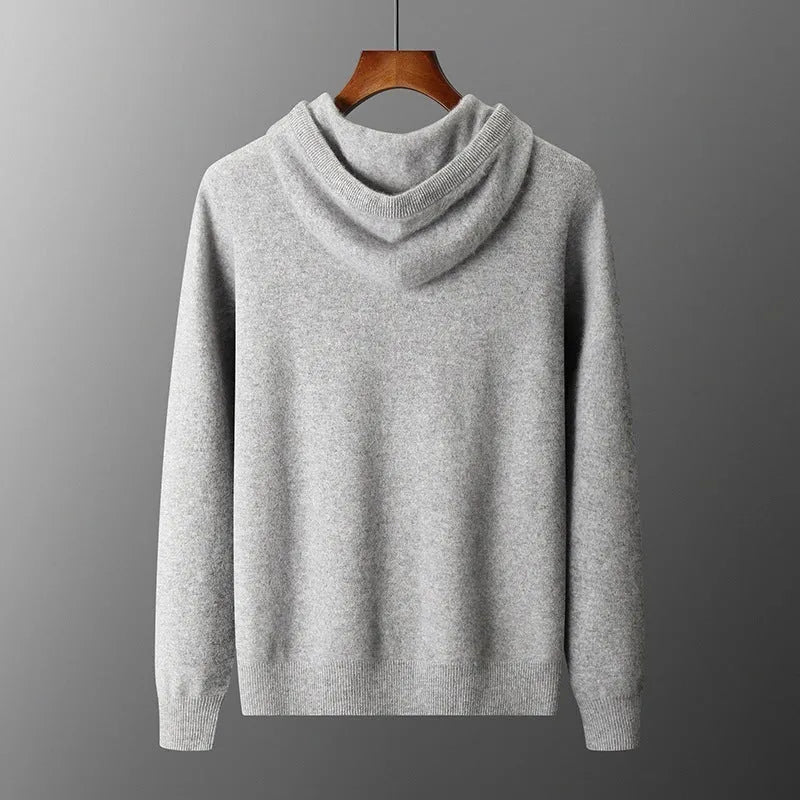 Men's light grey cashmere hooded sweatshirt and matching trousers casual set displayed together