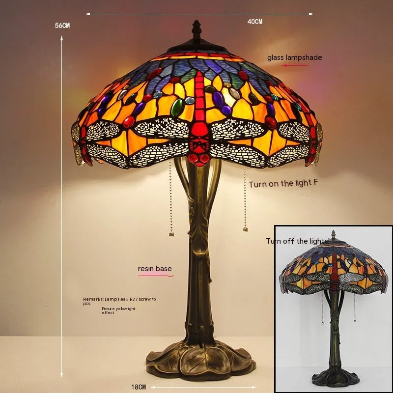 Stone table lamp with Tiffany-style dragonfly decoration in European design
