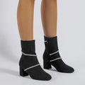 Chunky mid heel suede boots with rhinestone chain design in black for women
