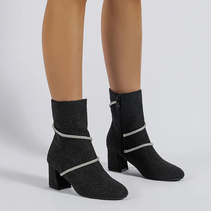 Chunky mid heel suede boots with rhinestone chain design in black for women