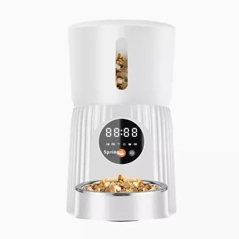Black and white automatic pet feeder with mobile app remote control and USB power connection