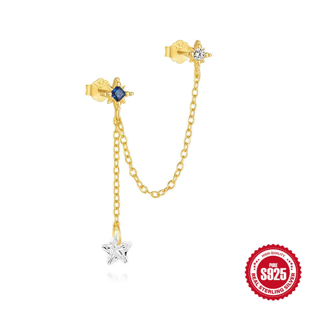 Golden geometric sterling silver earrings with zircon details for double piercings