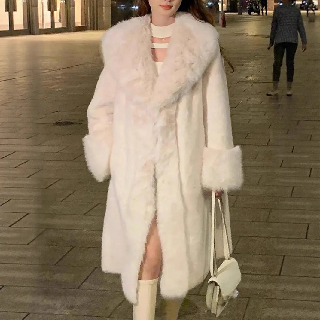 Women's thick grey faux rabbit fur coat with matching collar, mid-length cut