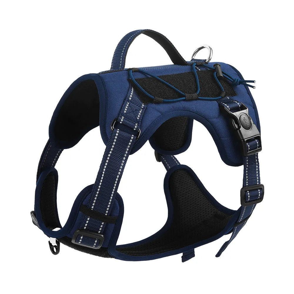 Orange adjustable dog harness with reflective trim and a black hand-holding rope lead attached