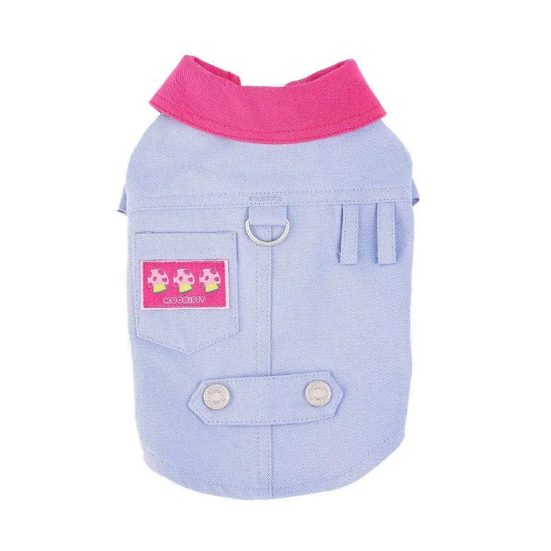 Blue and purple polyester vest for small dogs with back rope ring in seven sizes from XXS to XXL