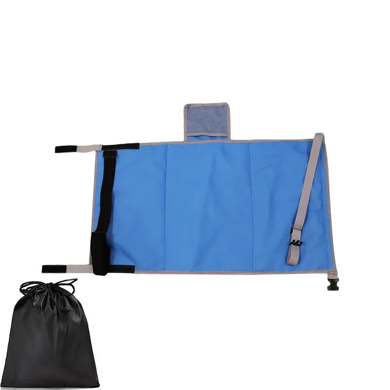Blue portable children's aircraft seat pedal extender with drawstring storage pocket for travel