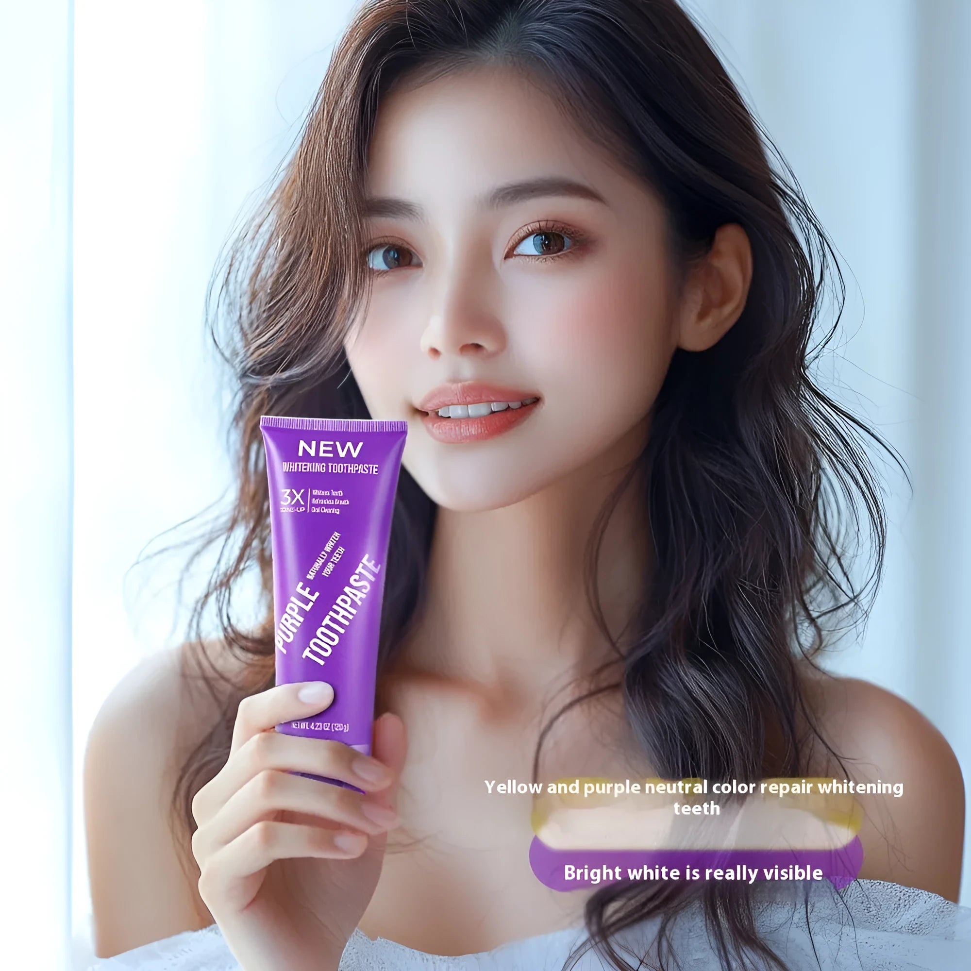 Purple whitening toothpaste tube for adults to remove yellow stains, shown in 120g size.