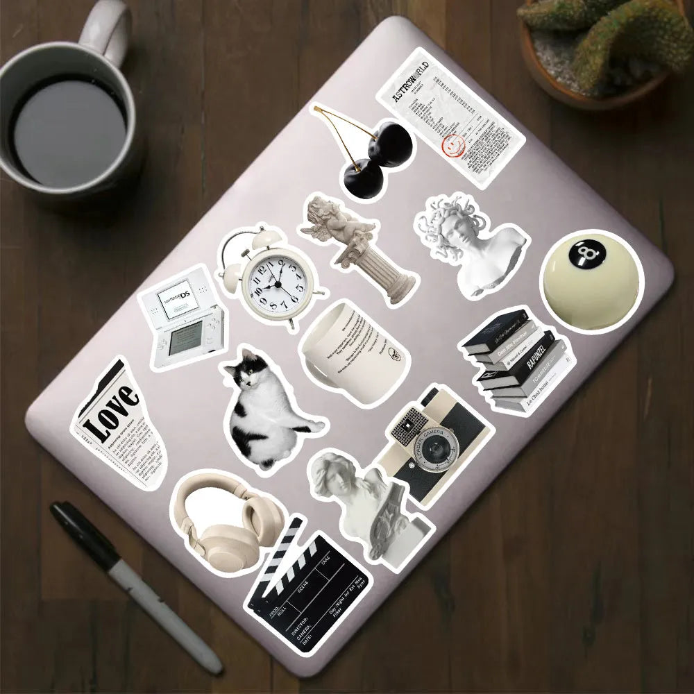 Black and white PVC waterproof sticker set with 61 pieces for laptop and phone decoration