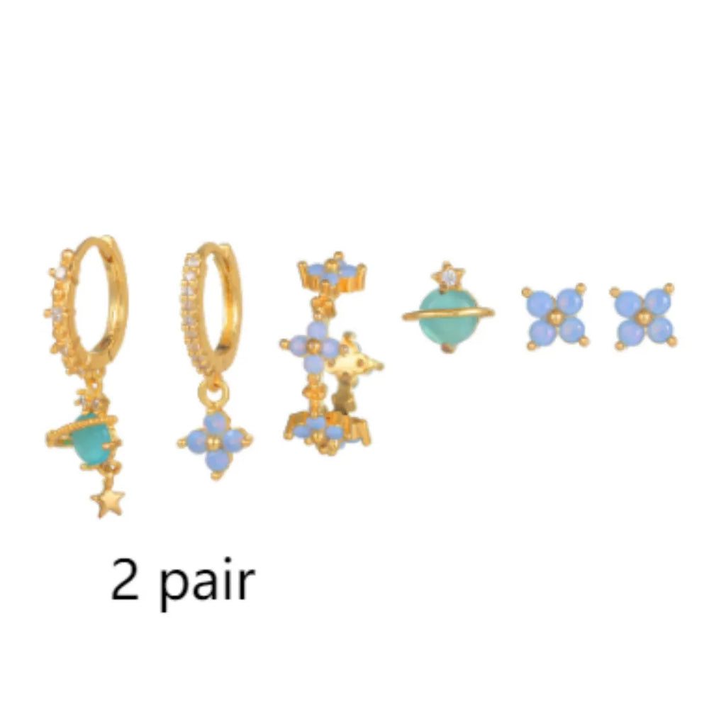 Gold and silver flower stud earrings with blue zircon mosaic accents in Japanese Korean style