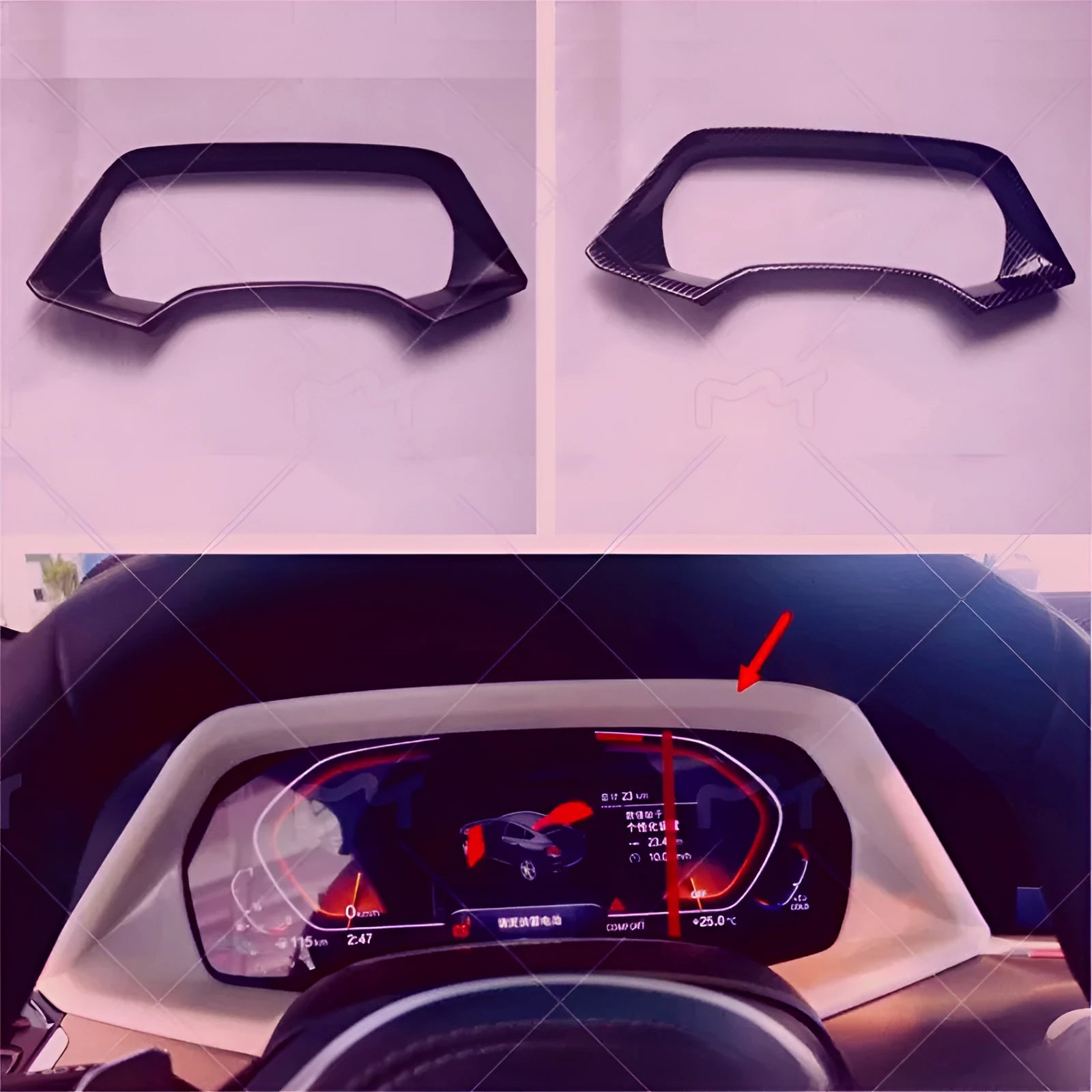 Dashboard decorative frame for BMW X5L in carbon fibre and peach wood finish options.