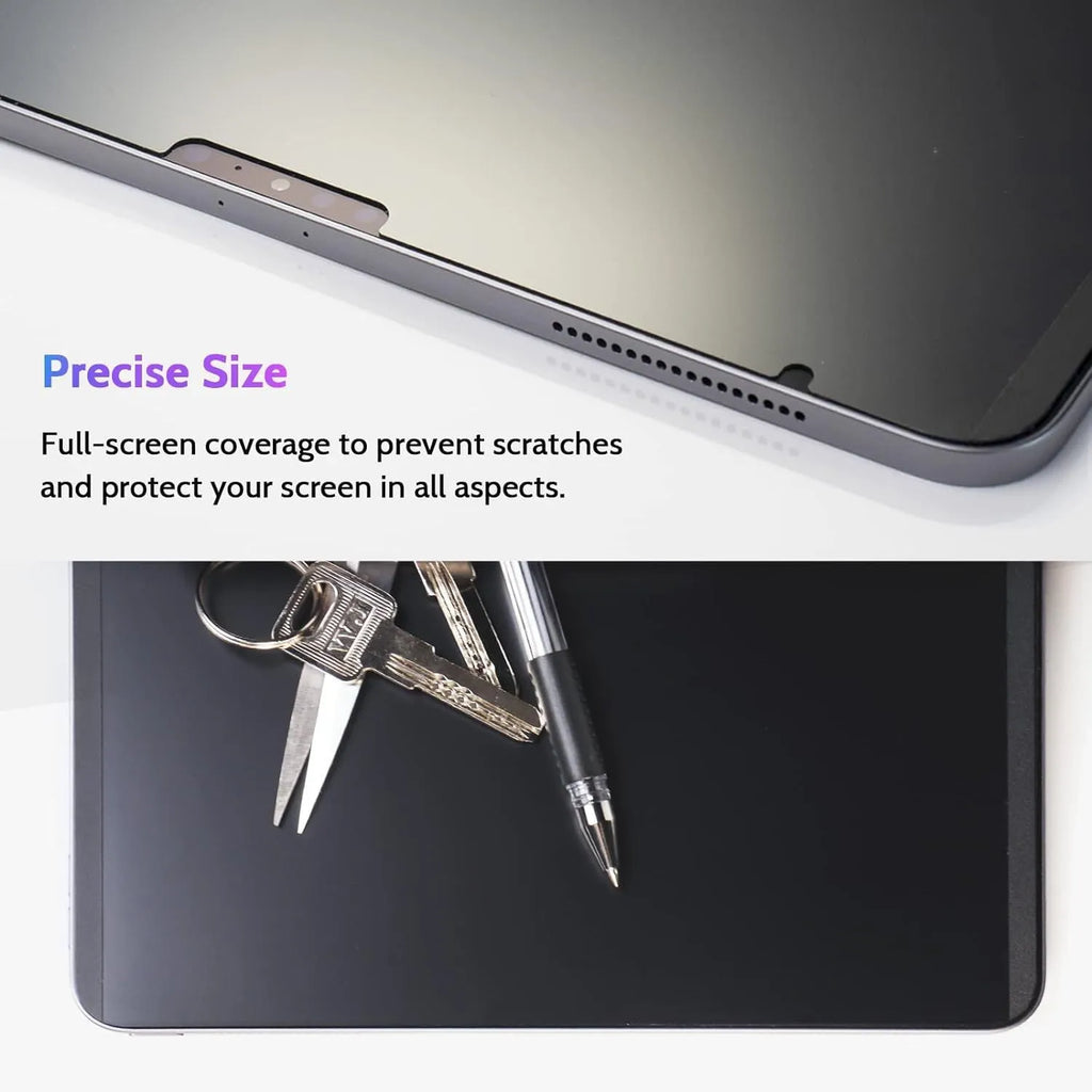 Magnetic suction iPad privacy screen protector with paper-like texture and storage clip on an iPad.