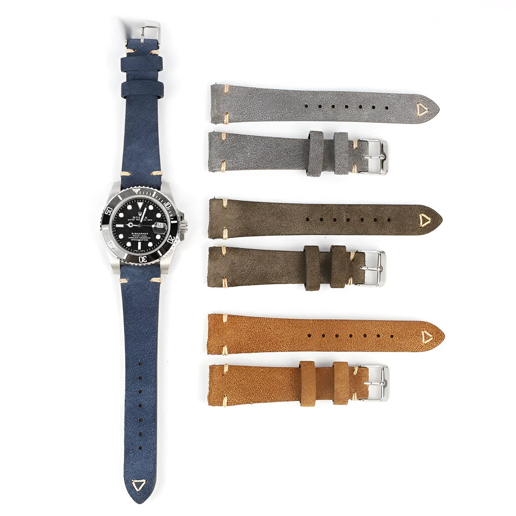 Genuine suede leather watch strap in four colour options for 20mm or 22mm watches
