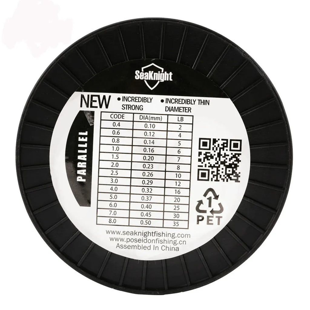 Roll of Seaknight 1000 M nylon monofilament fishing line showing colour and diameter size options.