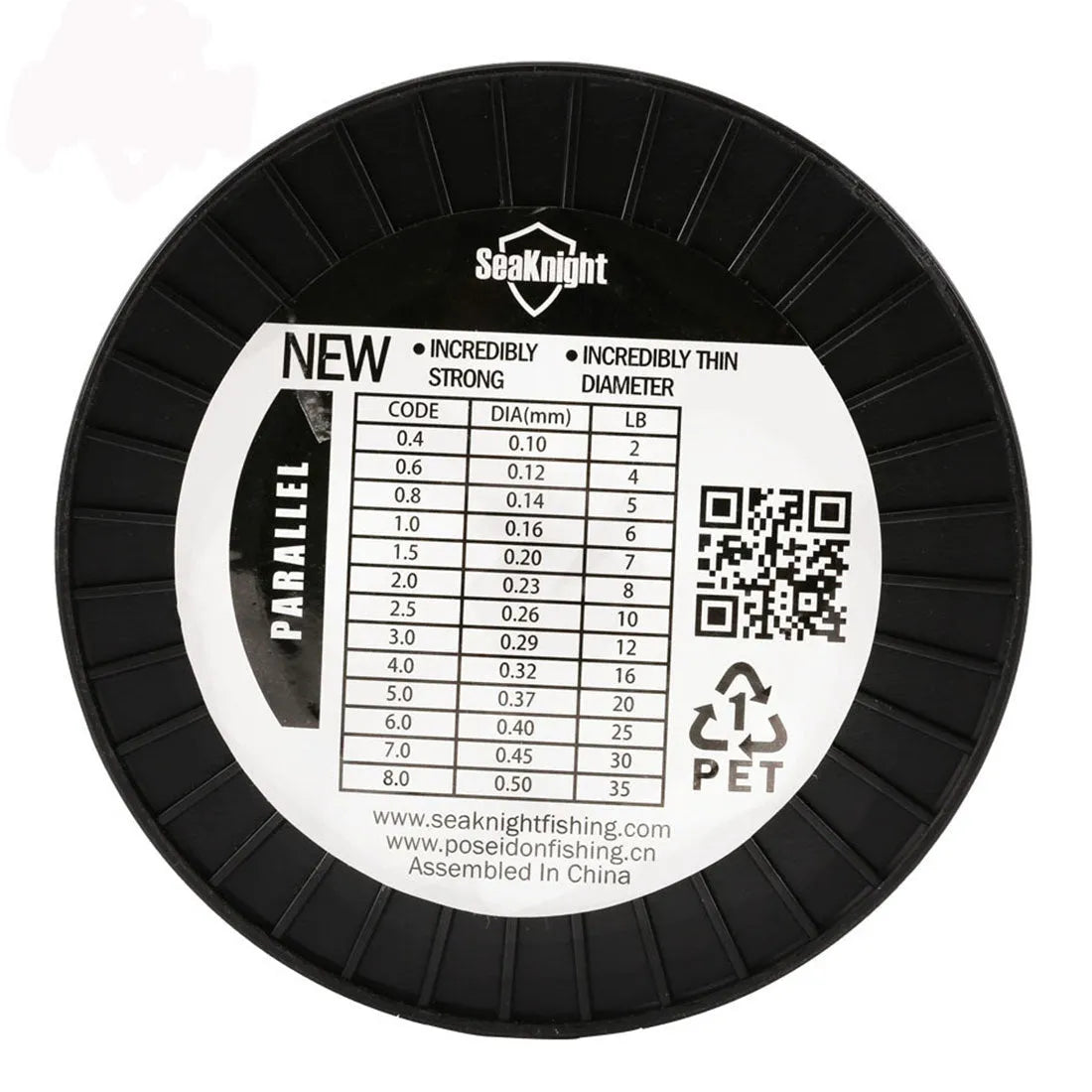 Roll of Seaknight 1000 M nylon monofilament fishing line showing colour and diameter size options.