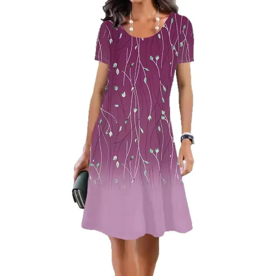 Floral print ice silk mid-length summer dress with short sleeves and round neck