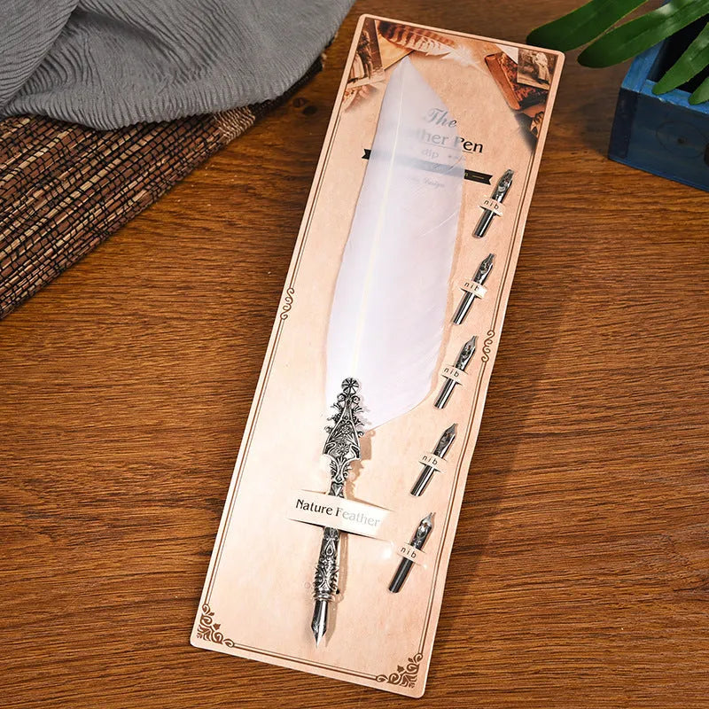 European retro vintage feather pen with zinc alloy shell in various colours measuring 30x13x4 cm
