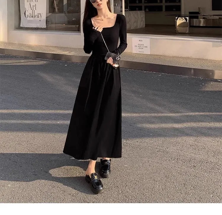 Women's square collar knitted dress with A-line silhouette and elastic waist in black or grey
