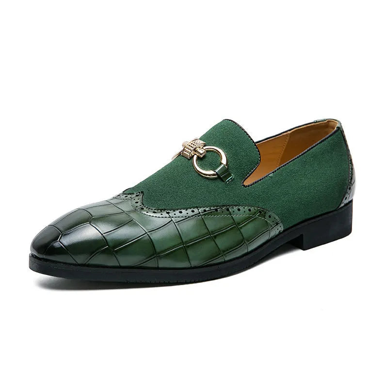 Korean style men's business casual shoes with pointed toe and sewing line details in black and green colour options