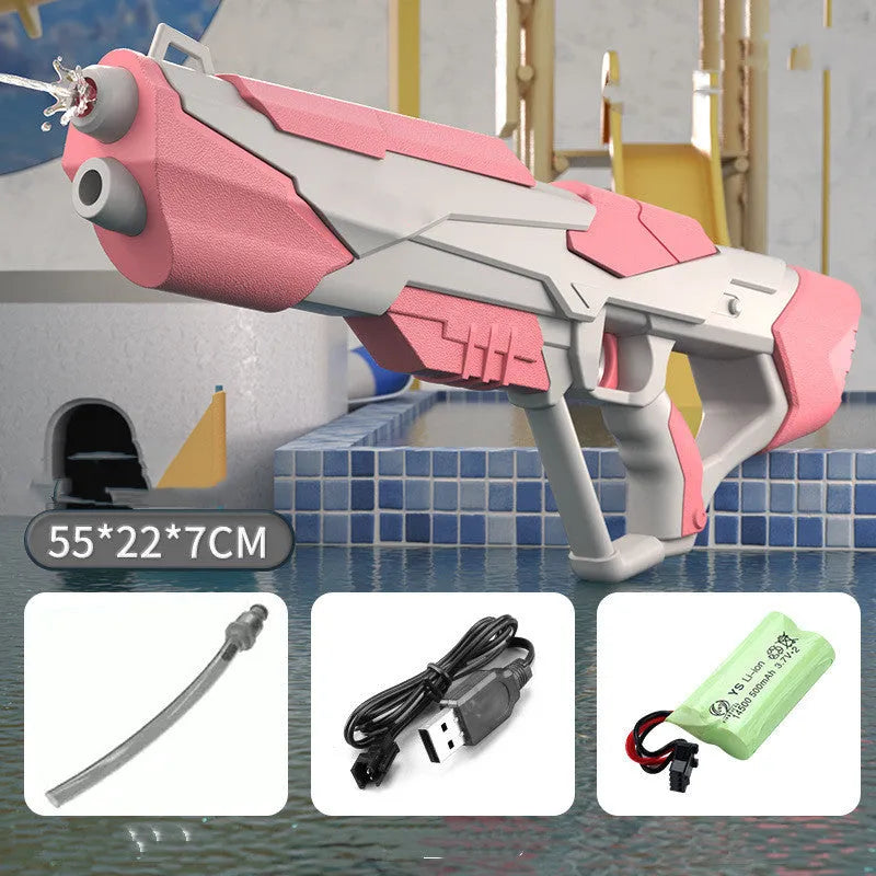 Blue plastic electric space water gun with automatic water absorption for pool and beach play.