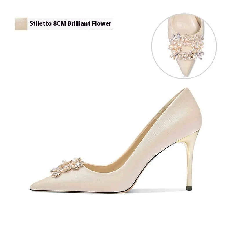 Rhinestone-detailed wedding high heels with pointed toe in stiletto or cat heel styles