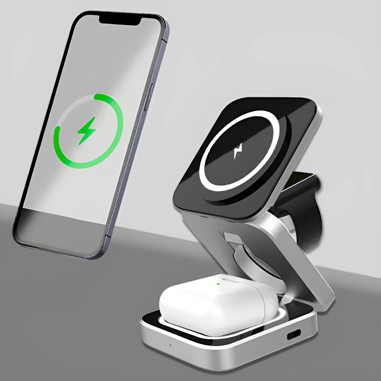 Foldable three-in-one wireless charging bracket for Apple, Samsung phones, and Google Pixel Watch on a desk.