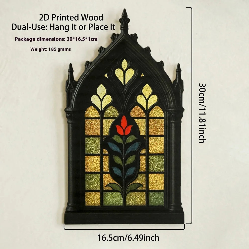 Wooden gothic-style door frame wall storage rack in one of three colour options.