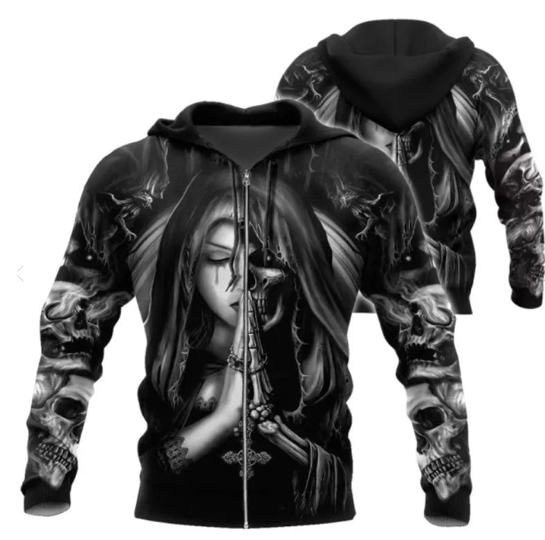 A black hooded sweatshirt featuring a large, detailed 3D anime-style skull graphic on the front.