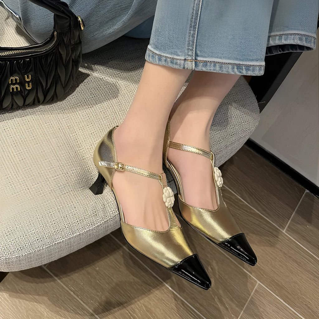 Women's gold black milky white flower stiletto heel pointed toe shoes with buckle
