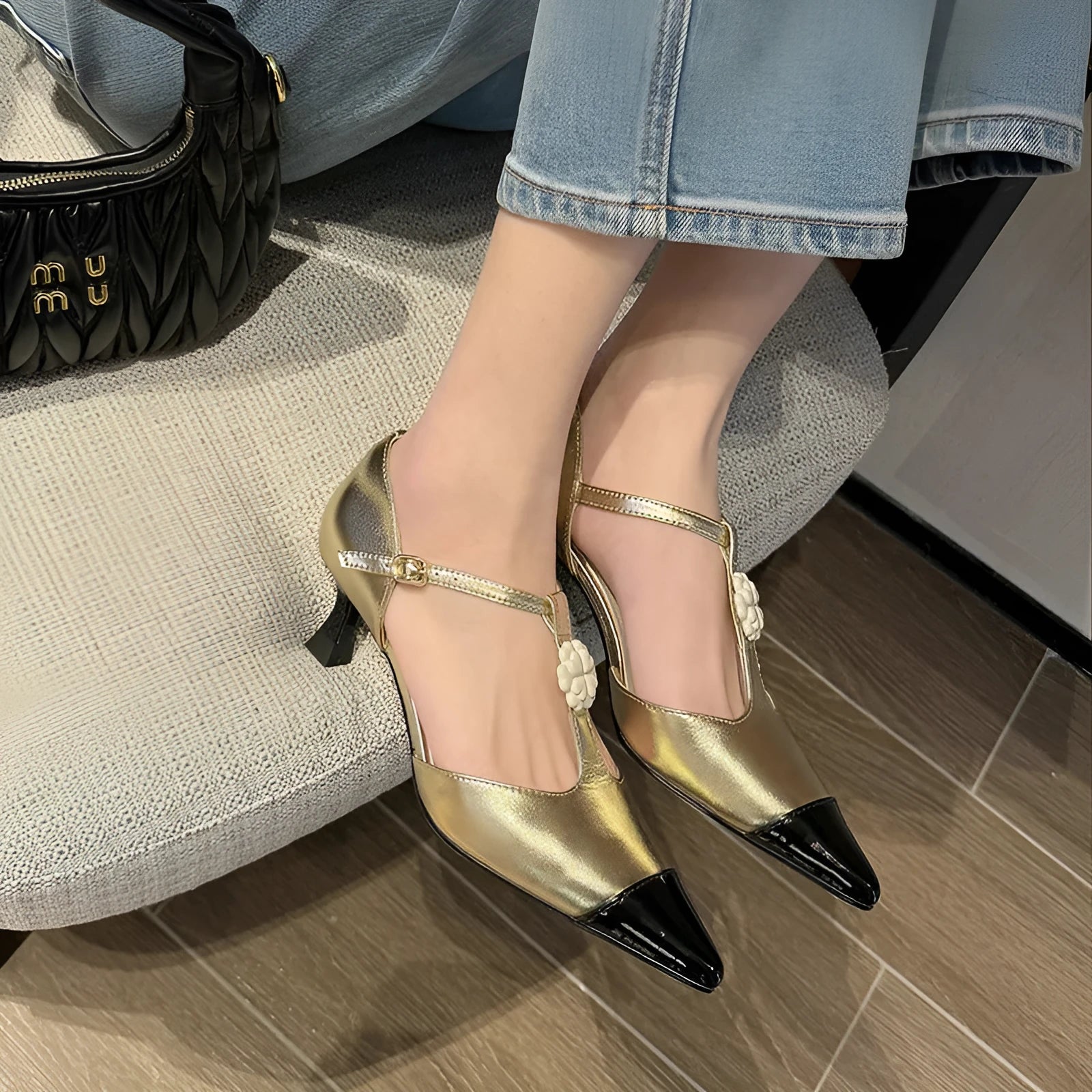 Women's gold black milky white flower stiletto heel pointed toe shoes with buckle