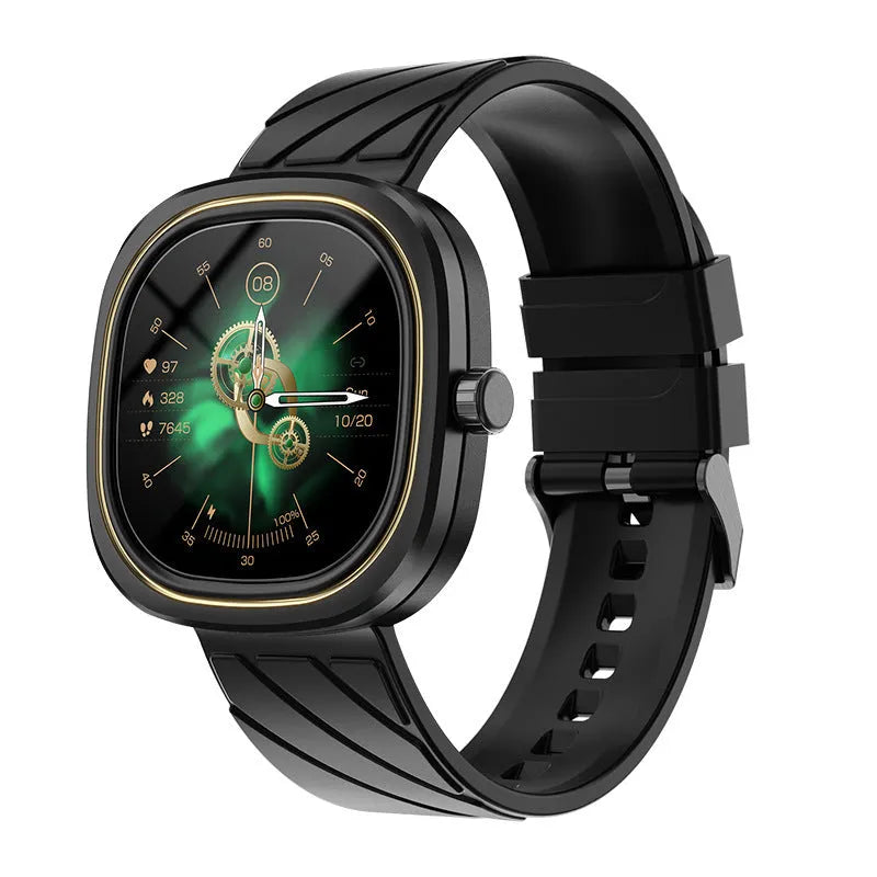 Black smartwatch sports bracelet with a square 1.32-inch colour screen on a silicone wristband.