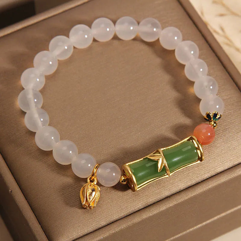 White agate jade bamboo bracelet with retro Chinese design and natural stone beads