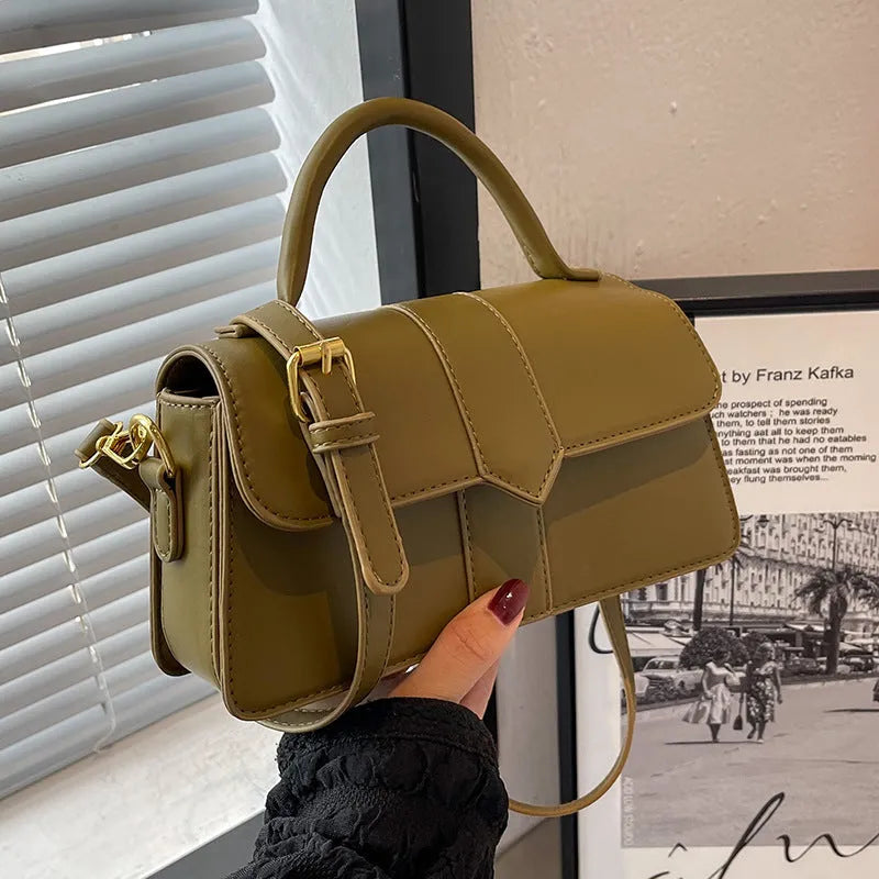 Women's beige PU leather horizontal square messenger bag with crossbody strap and external pocket