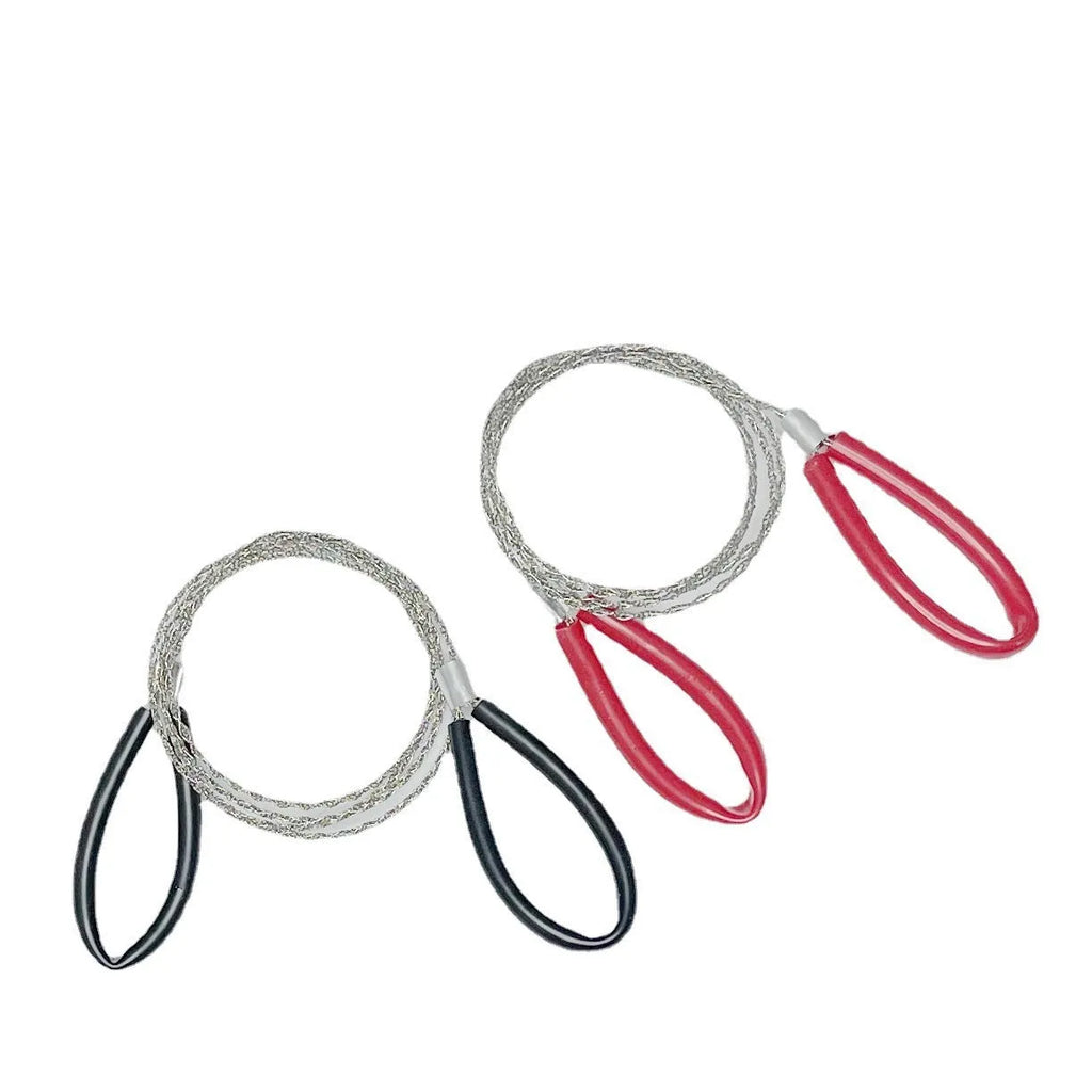 German stainless steel survival wire saw with leather hand case showing extended wire blade