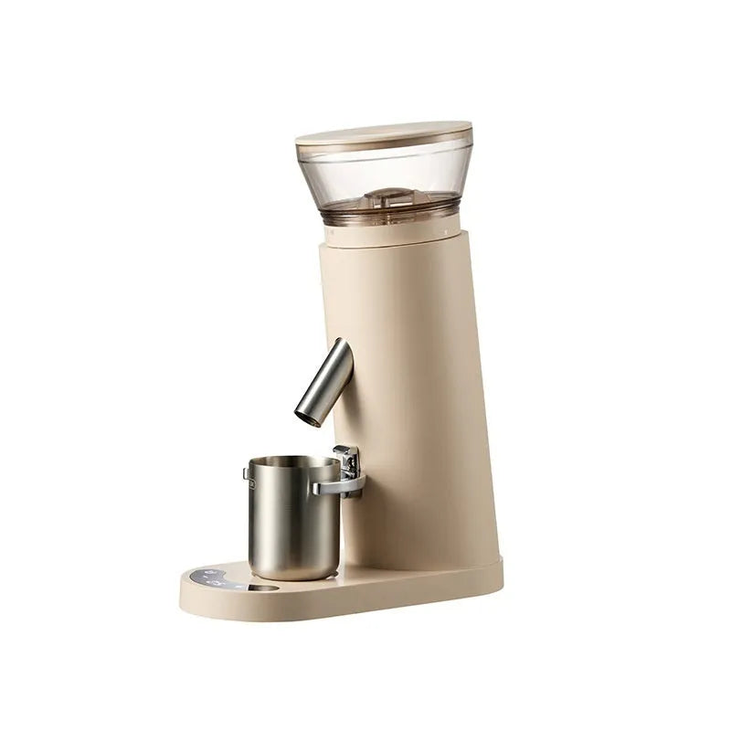 Portable electric coffee grinder with stainless steel body in retro or minimalist style