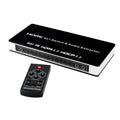 Black 4 input 1 output HDMI audio video switch with remote control on a table