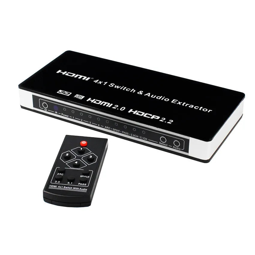 Black 4 input 1 output HDMI audio video switch with remote control on a table