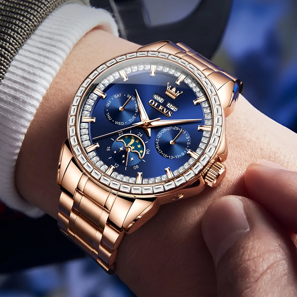 Men's stainless steel automatic watch with diamond dial and transparent case back.