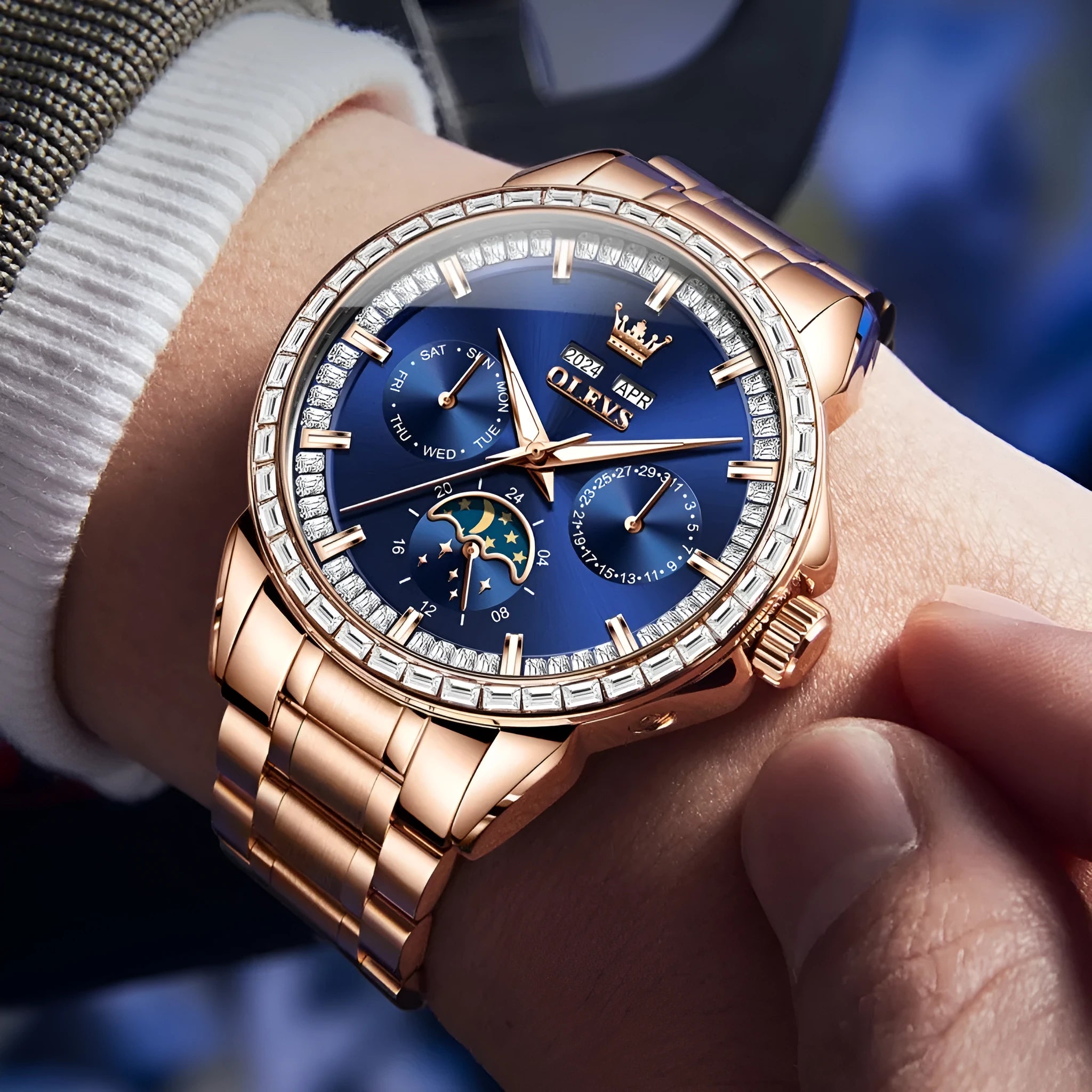 Men's stainless steel automatic watch with diamond dial and transparent case back.