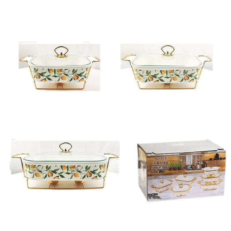 Ceramic rectangular hot pot set with binaural handles, porcelain body, electroplated finish, lemon pattern, in gift box