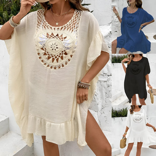 Crochet tassel detail on a patchwork skirt-style beach cover-up dress in apricot colour.