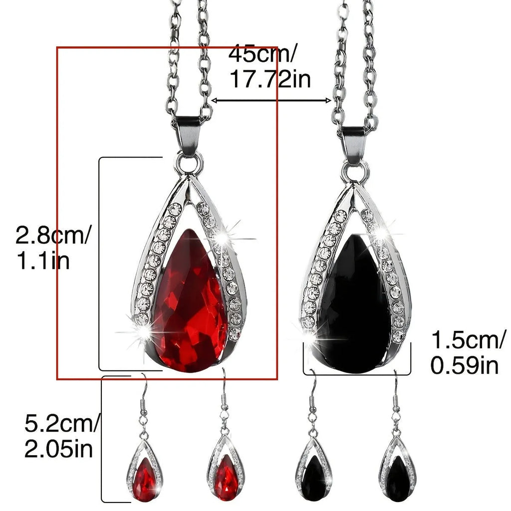 Teardrop glass pendant necklace and earrings matching suite in black or red alloy jewellery