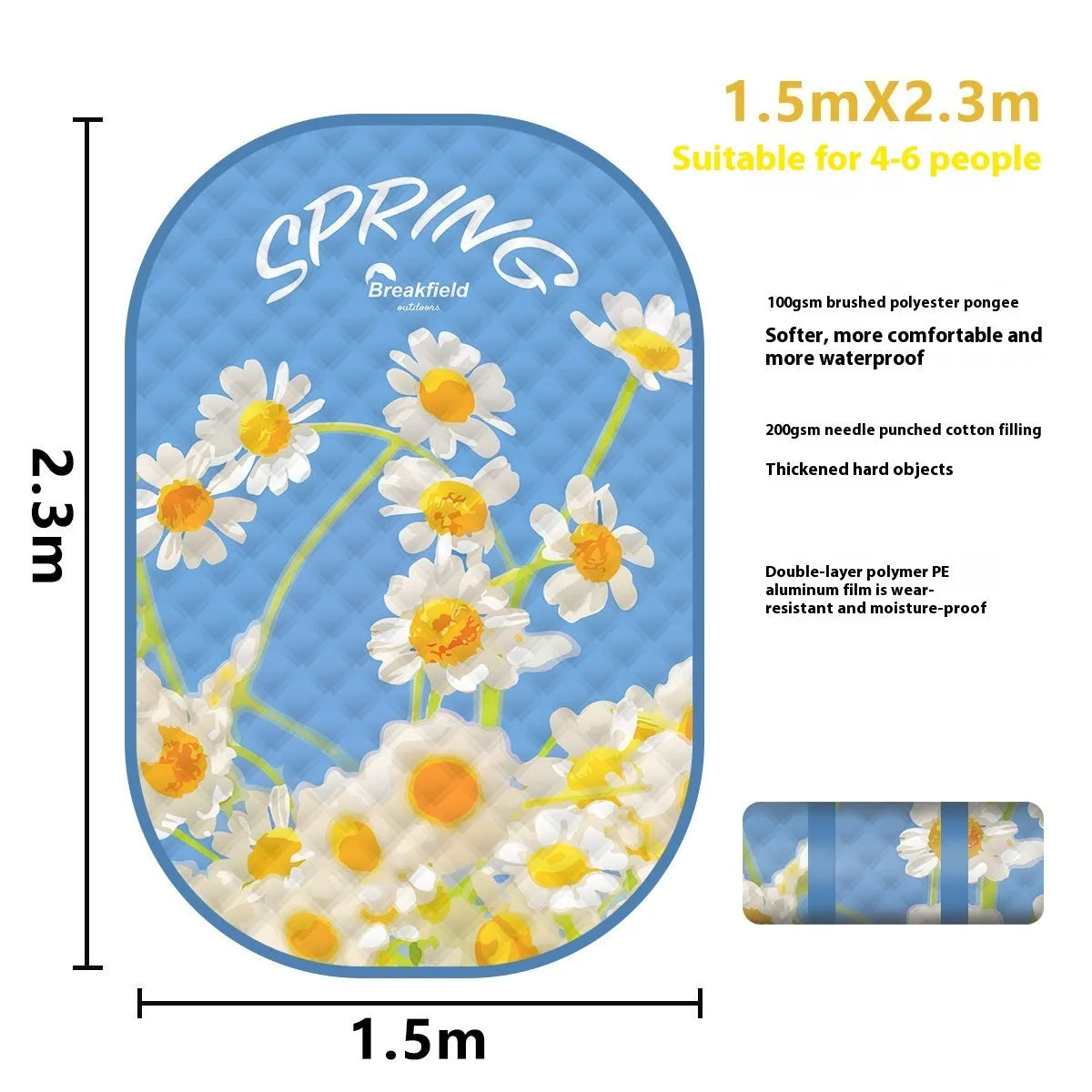 Waterproof thickened picnic mat in a Four Seasons colour, shown unrolled on grass.