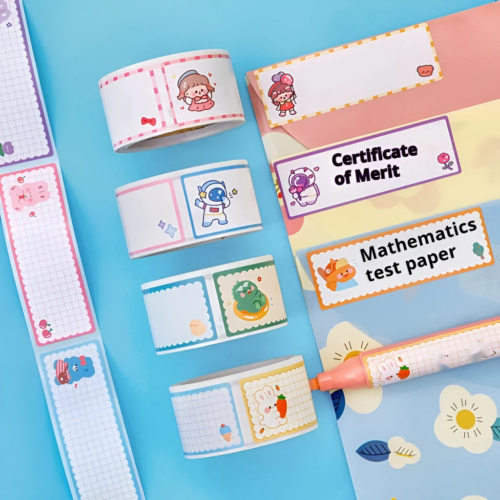 Roll of colourful cartoon stickers showing dinosaur, astronaut, rabbit, and girl design options for labelling.